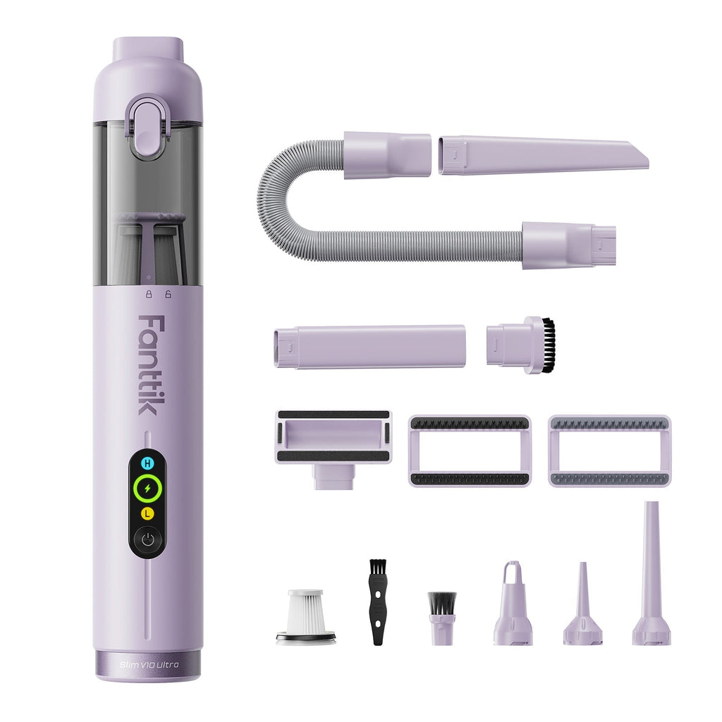 Purple Fanttik Slim V10 Ultra Cordless Car Vacuum handheld vacuum cleaner with various attachments on a white background