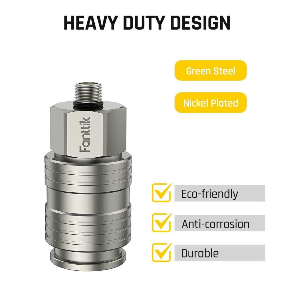Fanttik S08 female industrial air coupler, green steel, nickel plated, eco-friendly, anti-corrosion, durable.