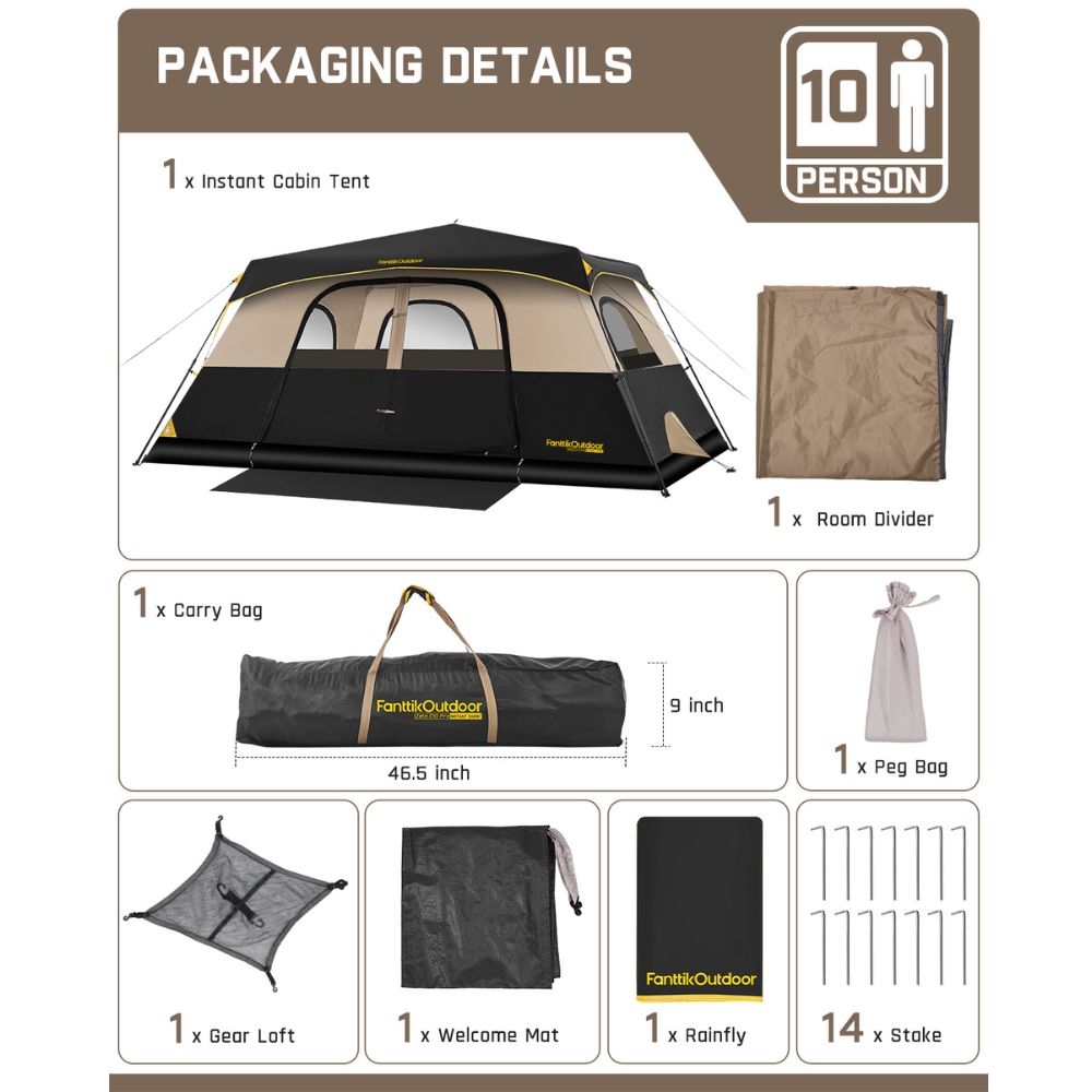 FanttikOutdoor Zeta C10 Pro 10-person tent package contents: tent, divider, carry bag, pegs, gear loft, mat, rainfly.