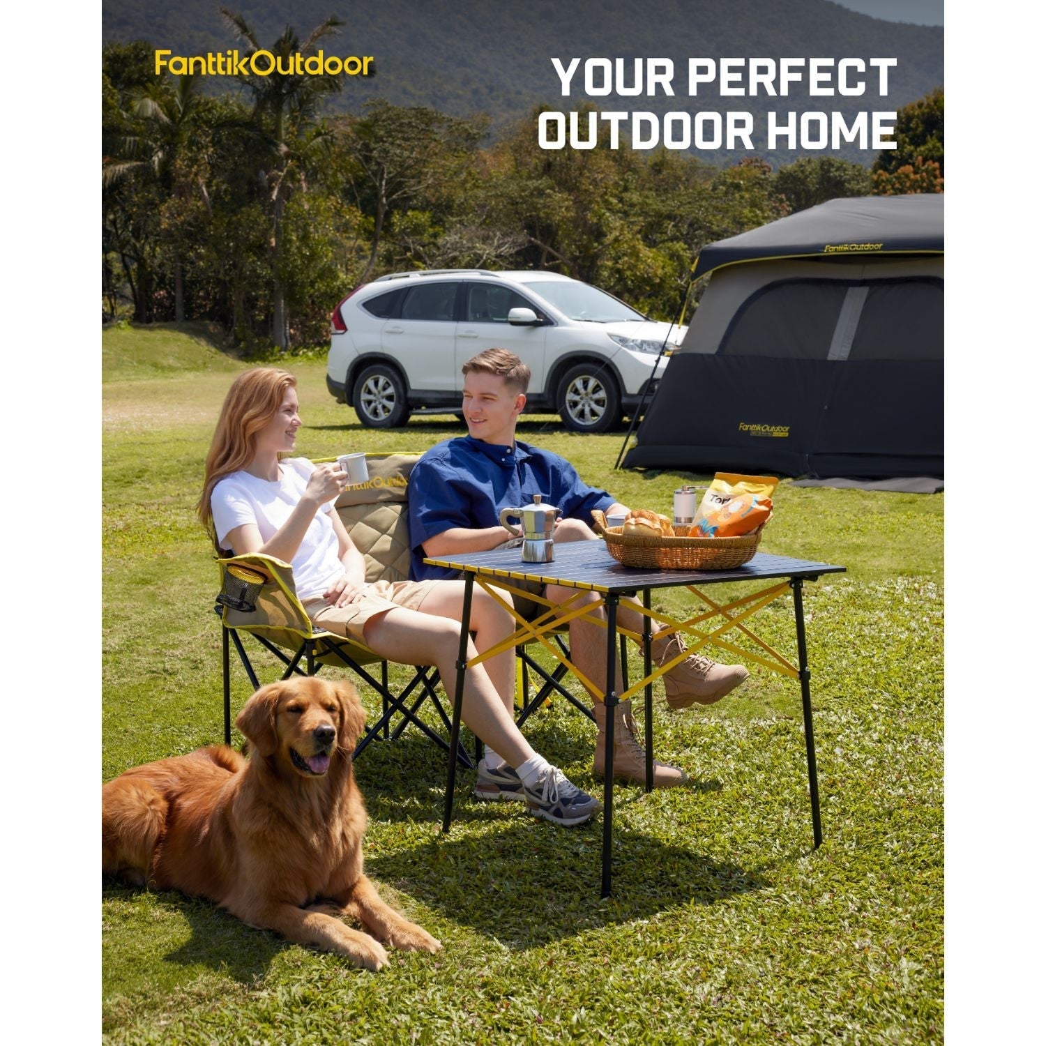 FanttikOutdoor double camping chair set at campsite with folding table, tent, and car