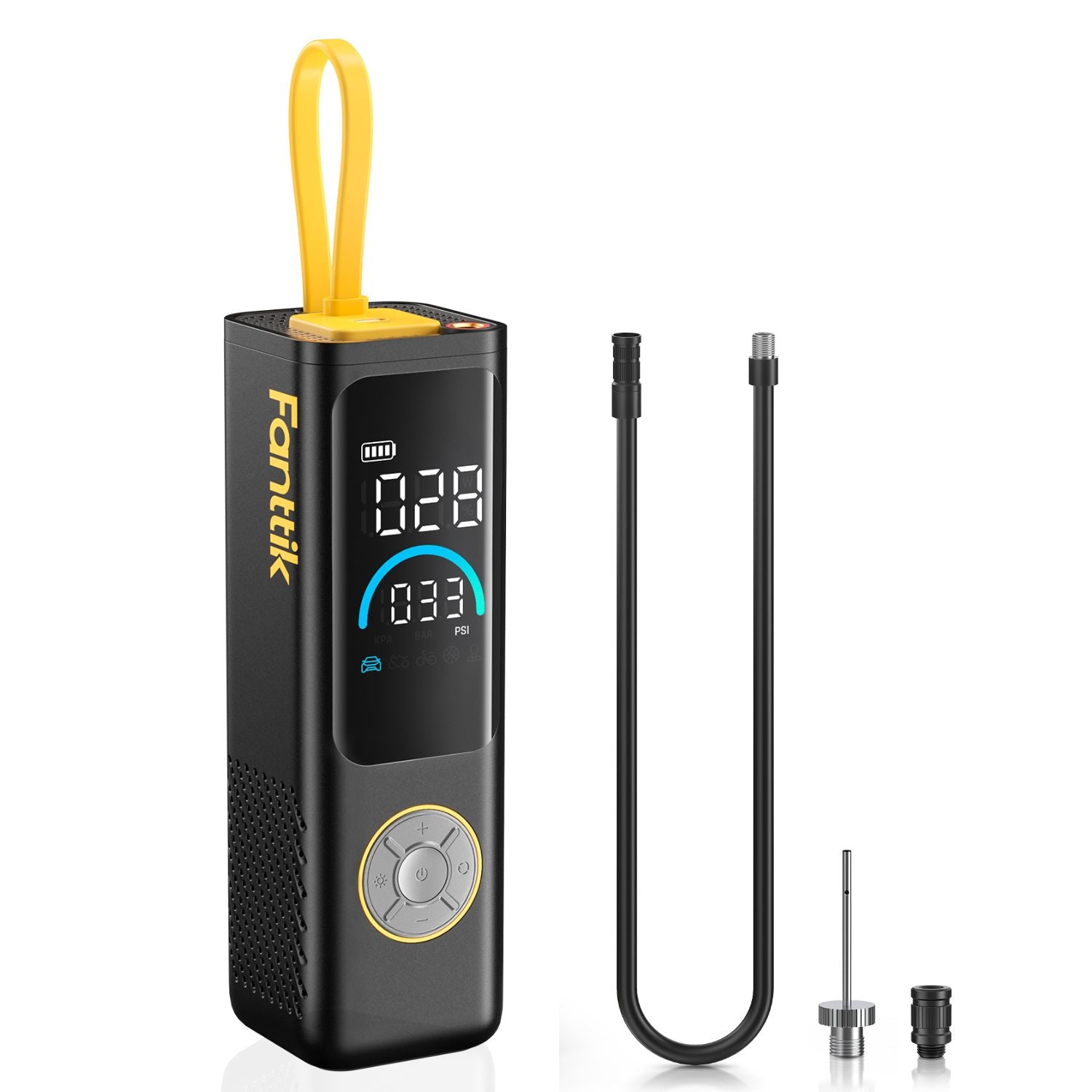 Fanttik X9 APEX tire inflator with digital display, yellow handle, hose and nozzle attachments