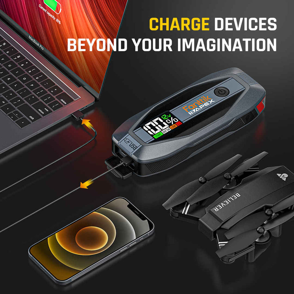 Fanttik T8 APEX jump starter charging MacBook Pro, iPhone, and drone
