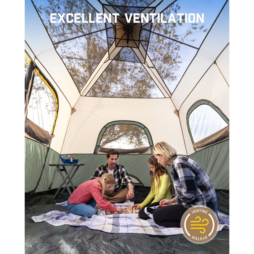 FanttikOutdoor Zeta C10 Pro camping tent interior with a family enjoying excellent ventilation and mesh windows.