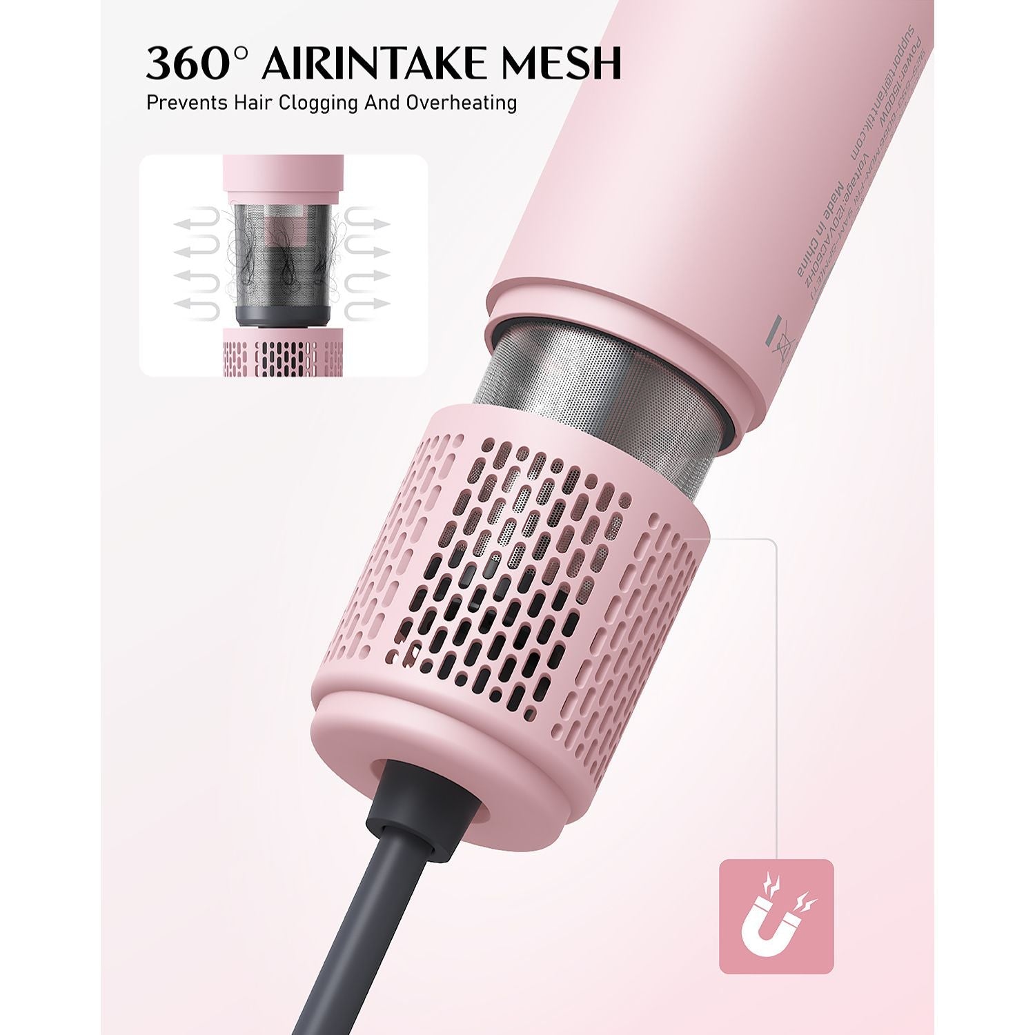 FanttikSolo SonicDry H10 PRO pink hair dryer with 360° air intake mesh to prevent hair clogging and overheating.
