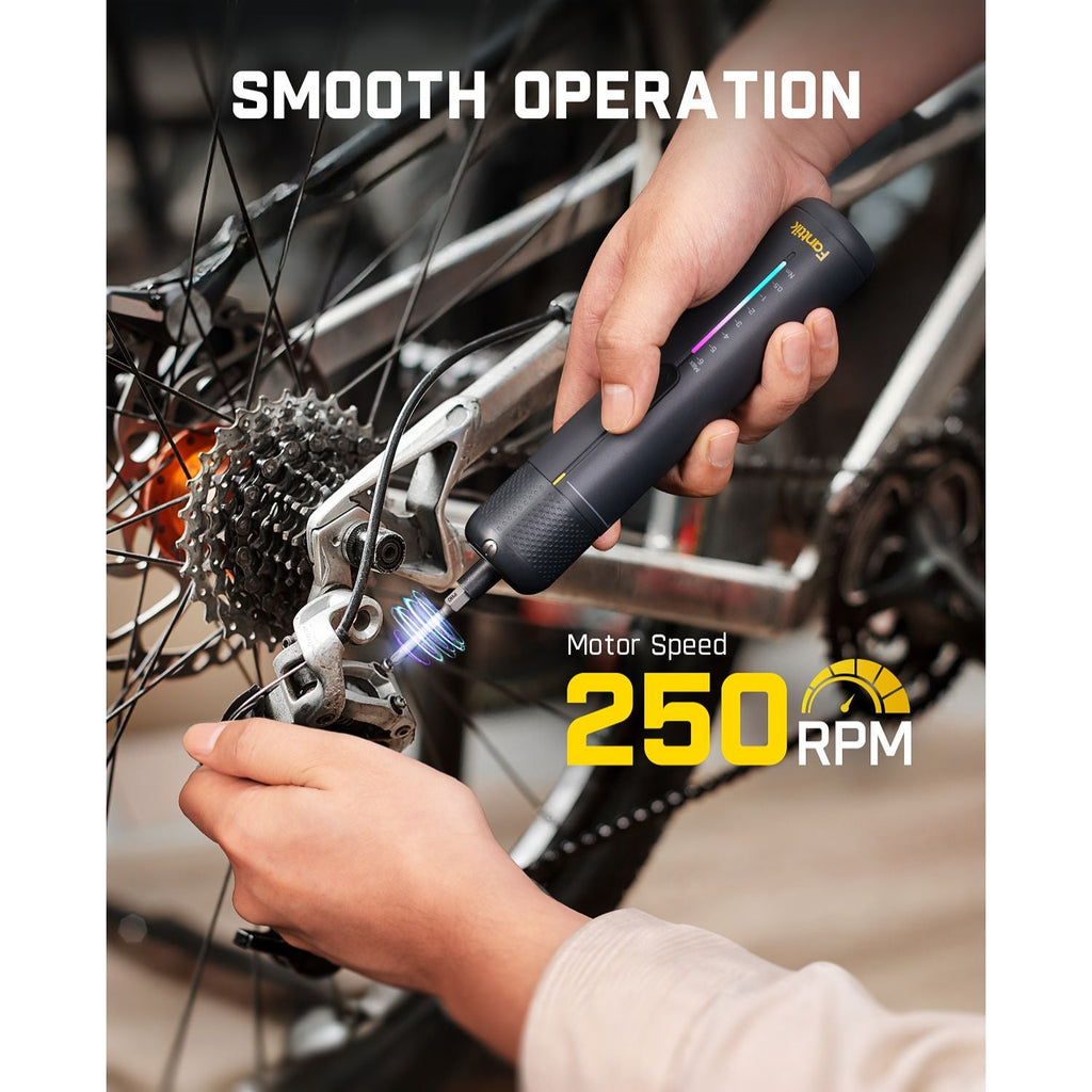 Fanttik S2 Pro electric screwdriver with 250 RPM motor speed, used for smooth bicycle gear adjustments.