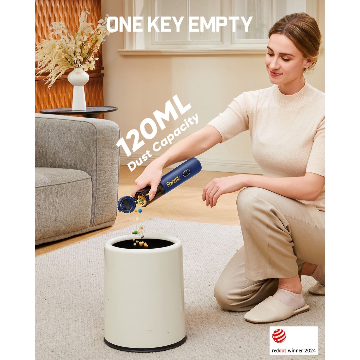 Fanttik V8 Mate cordless car vacuum with one-key emptying and 120ml dust capacity
