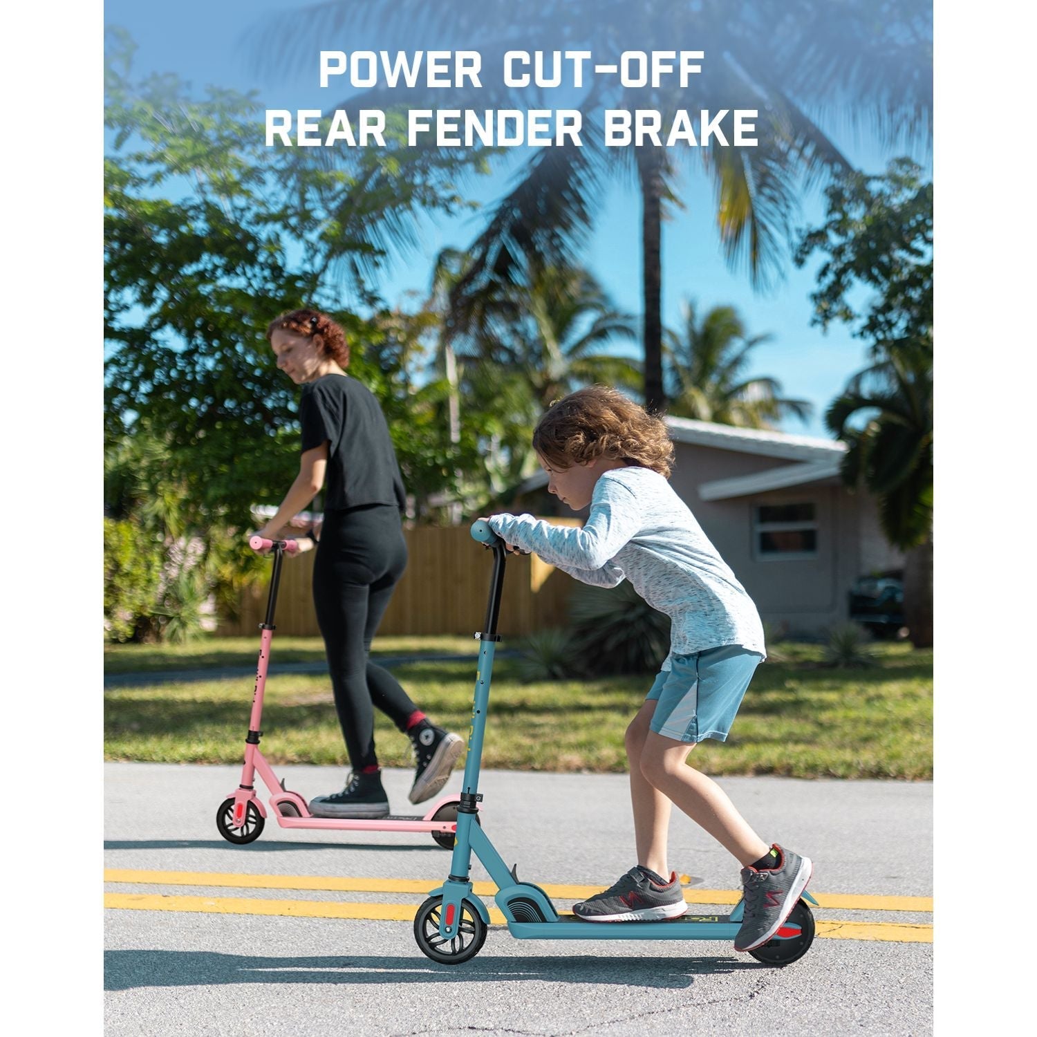 FanttikRide C9 electric scooter for kids in blue with power cut-off rear fender brake feature.