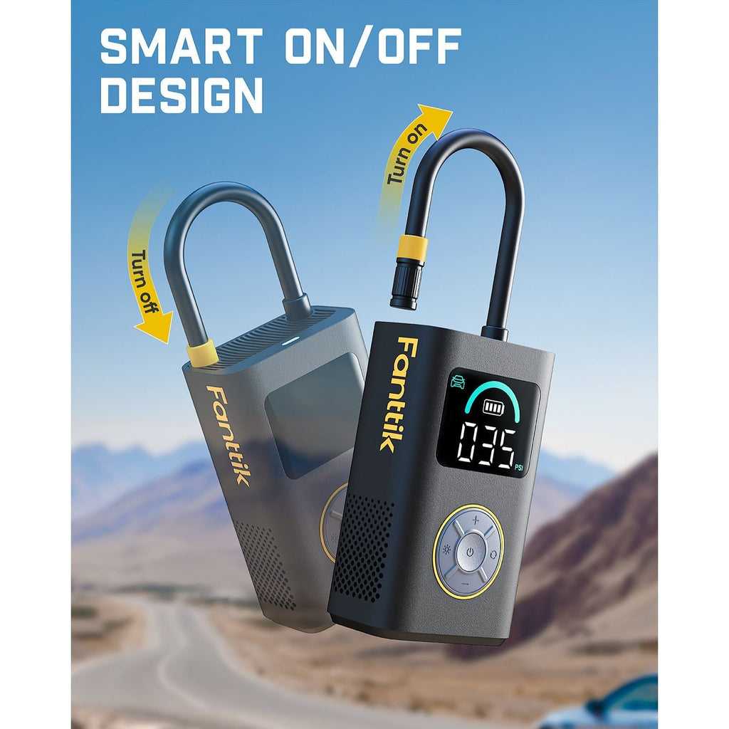 Fanttik X10 Pro tire inflator with smart on/off design, digital display, and air hose