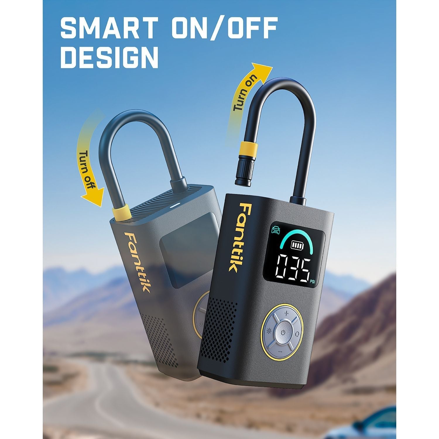 Fanttik X10 Pro tire inflator with smart on/off design, digital display, and air hose