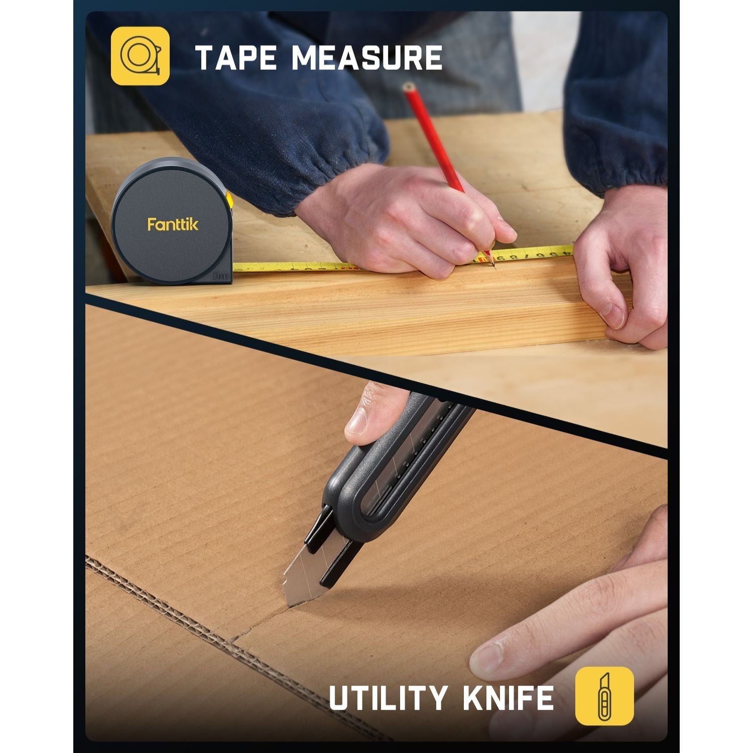 Fanttik S1 NEX Studio kit includes tape measure for marking wood and utility knife for cutting cardboard.