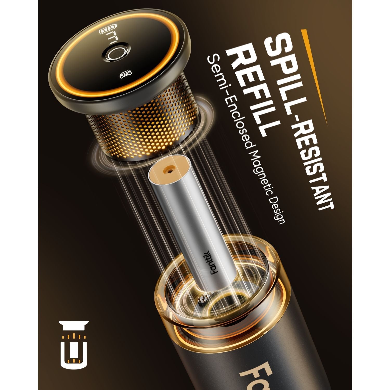 Spill-resistant refill with semi-enclosed magnetic design on a dark background