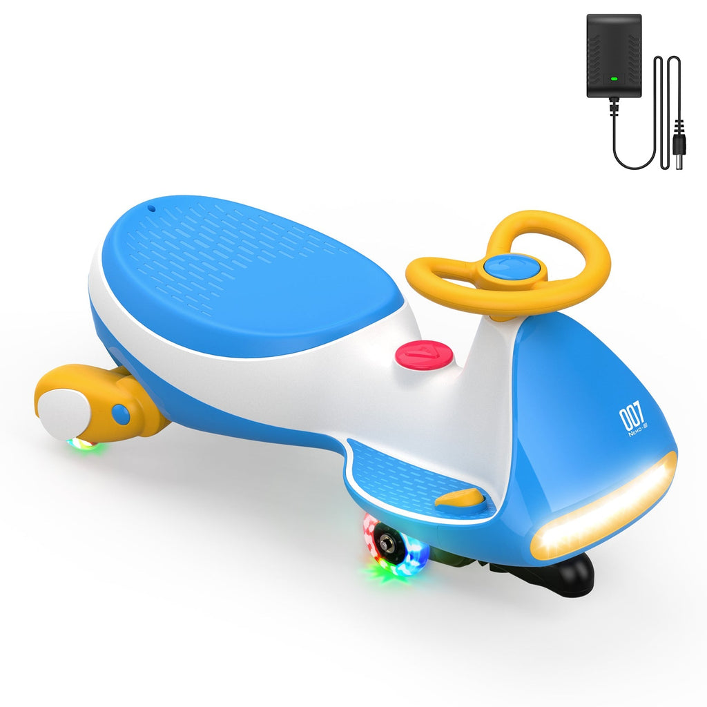 Blue & white FanttikRide N7 Pro wiggle car with yellow wheel, lights, and flashing wheels. Charger shown.