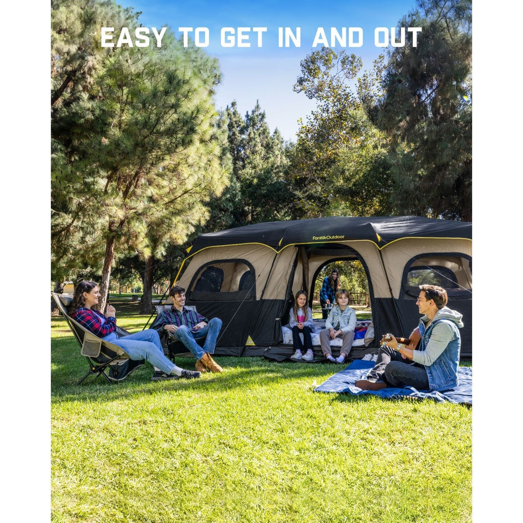 FanttikOutdoor Zeta C12 Pro Max 12 person camping tent set up with family relaxing outside.