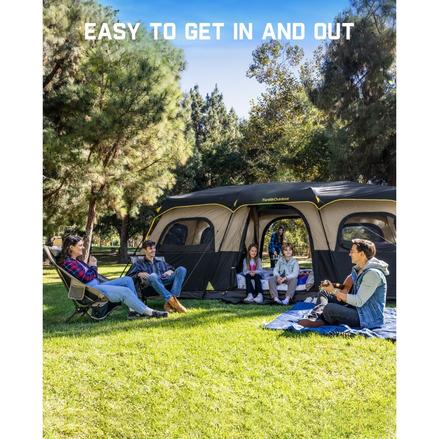 FanttikOutdoor Zeta C12 Pro Max 12 person camping tent set up with family relaxing outside.