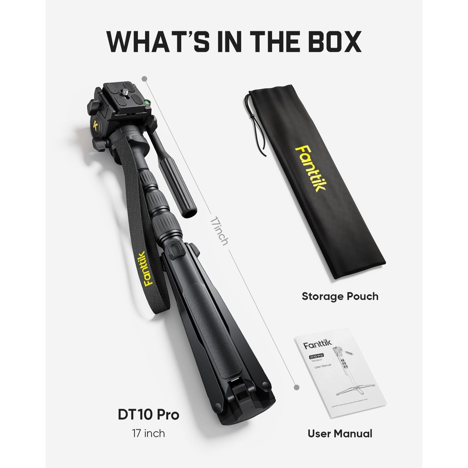 Fanttik DT10 Pro tripod, storage pouch, and user manual, showing contents of the box.