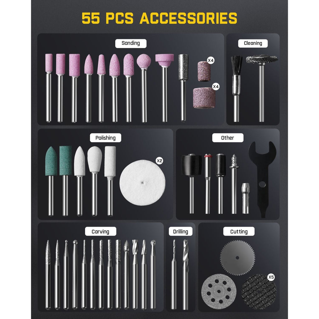 Fanttik F2 PRO rotary tool kit with 55 accessories for sanding, polishing, cleaning, carving, drilling, and cutting.