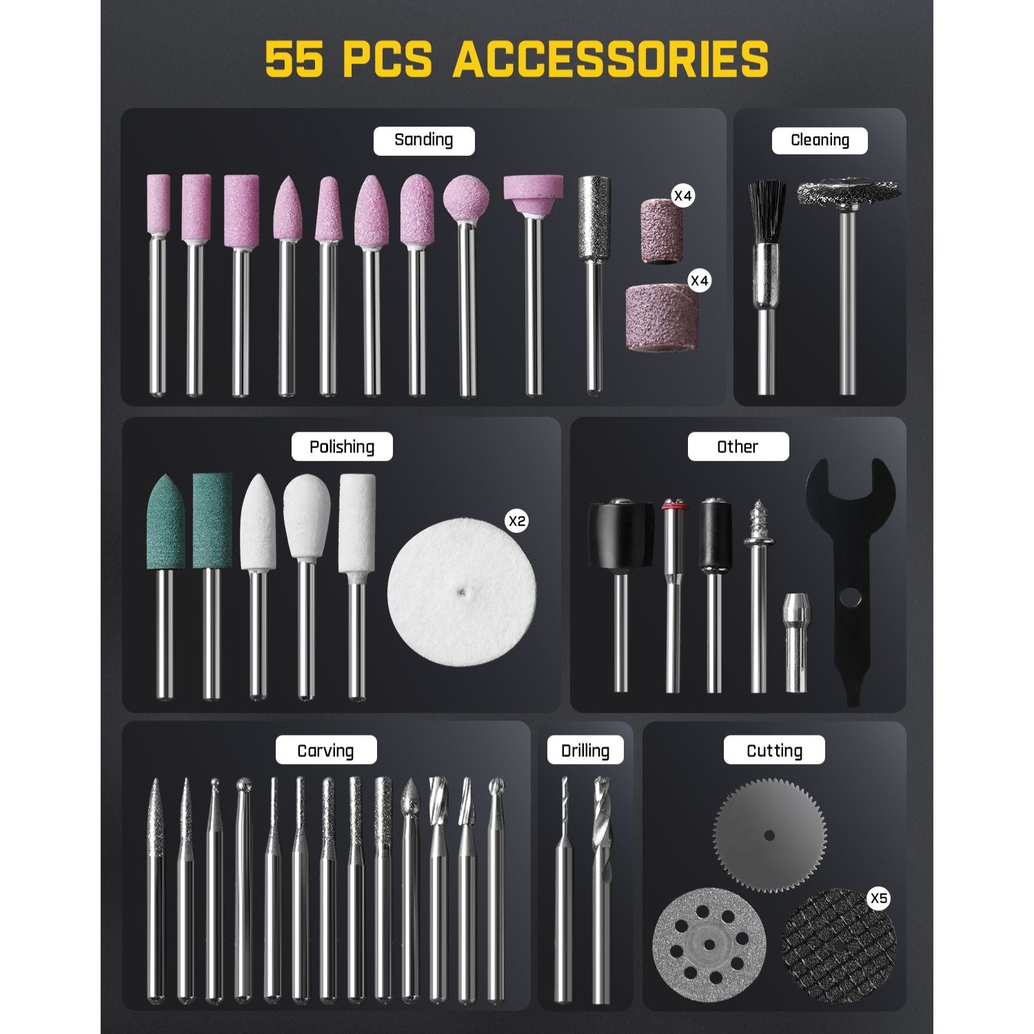 Fanttik F2 PRO rotary tool kit with 55 accessories for sanding, polishing, cleaning, carving, drilling, and cutting.
