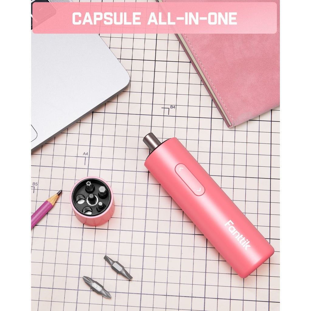 Pink Fanttik S1 Capsule cordless screwdriver with magnetic bit storage and LED light, ideal for DIY tasks.