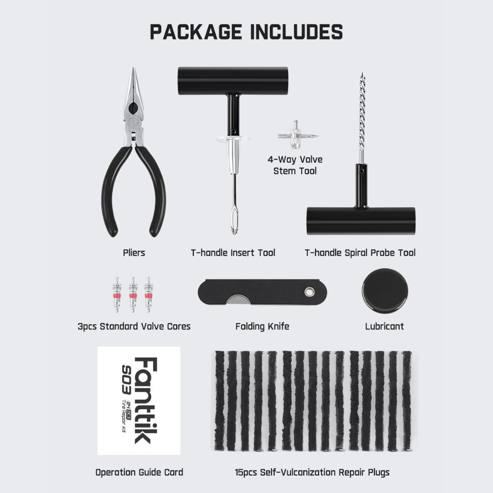Fanttik tire repair kit includes pliers, T-handle tools, valve cores, knife, lubricant, guide, and 15 repair plugs.