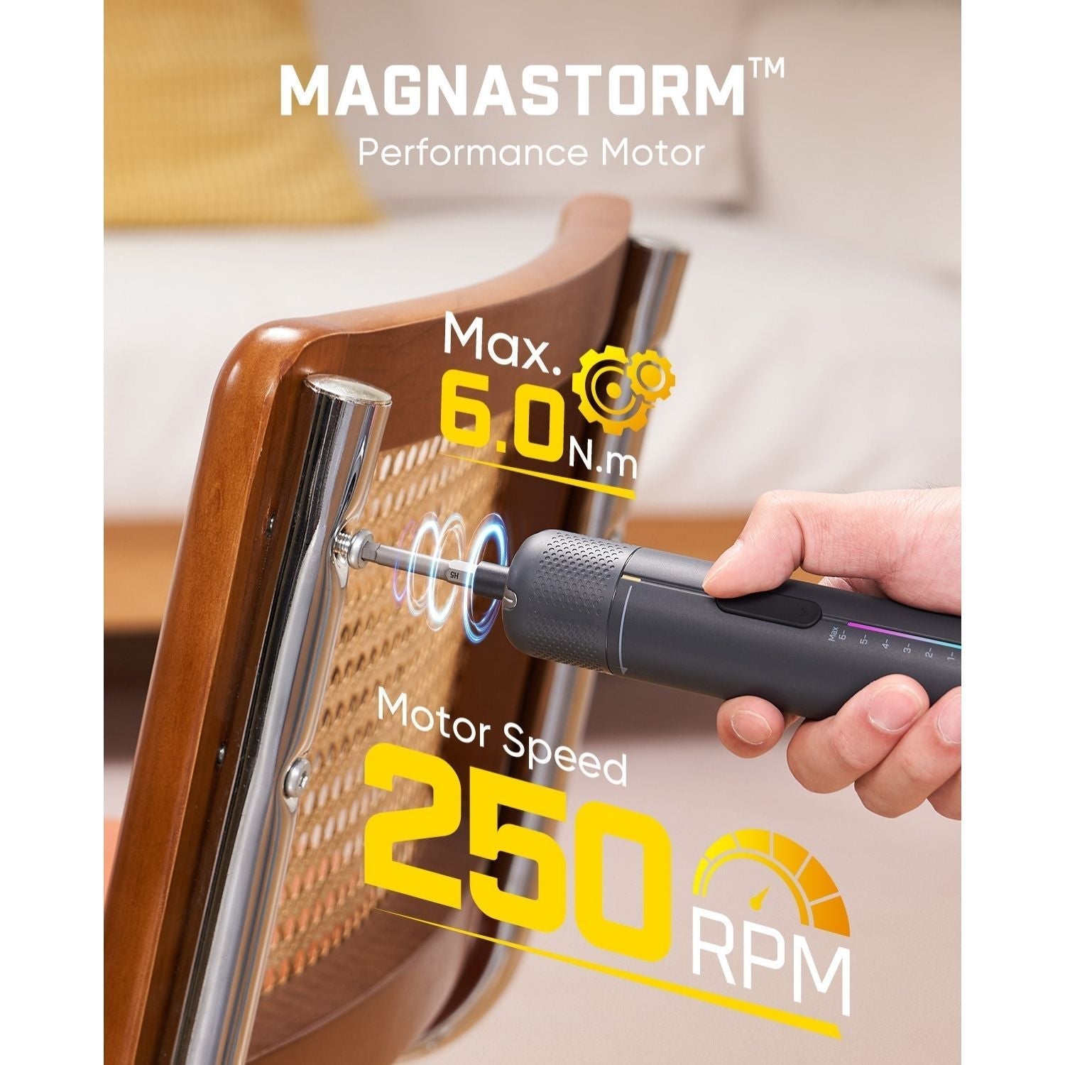 Fanttik cordless electric screwdriver driving a screw into a wooden chair, 6.0N·m torque, 250 RPM