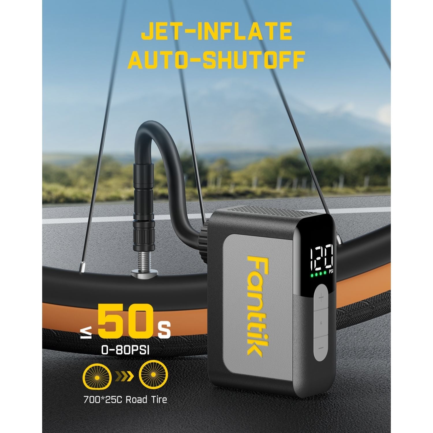 Fanttik X10 Ace mini pump inflates 700x25C road tire 0-80 PSI in 50s. Auto-shutoff, 120 PSI max.