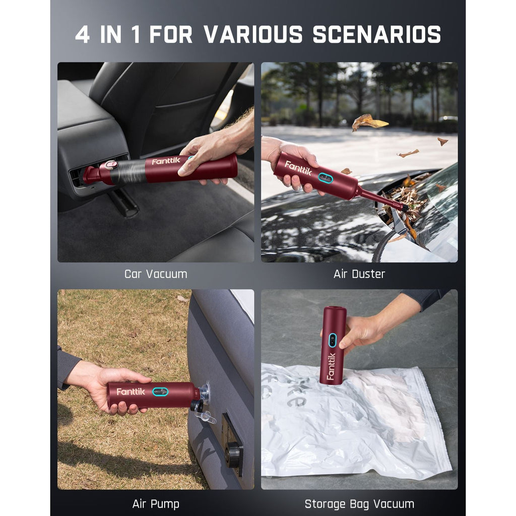 Fanttik Slim V8 Apex red vacuum: car cleaning, air duster, air pump, storage bag vacuum.