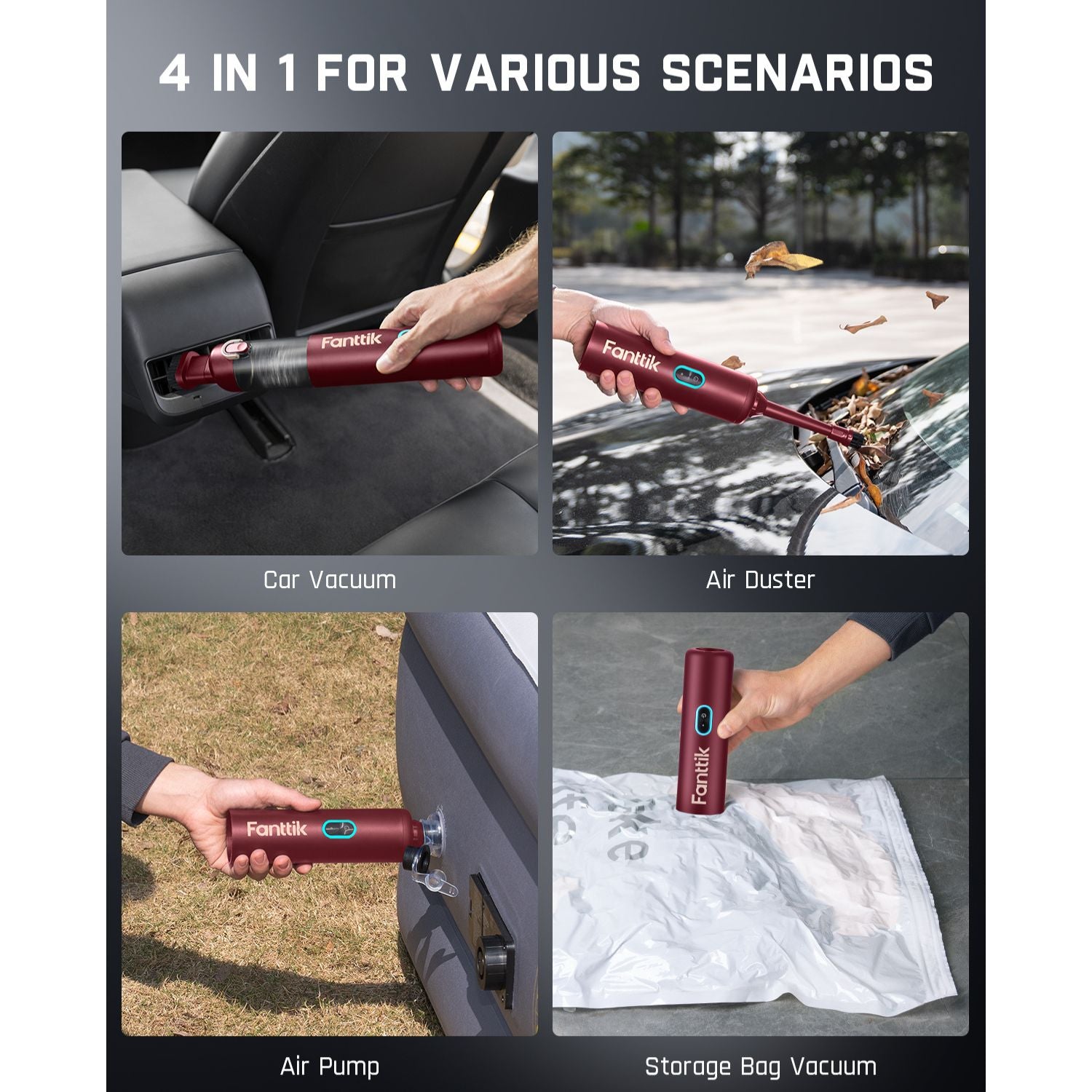 Fanttik Slim V8 Apex red vacuum: car cleaning, air duster, air pump, storage bag vacuum.
