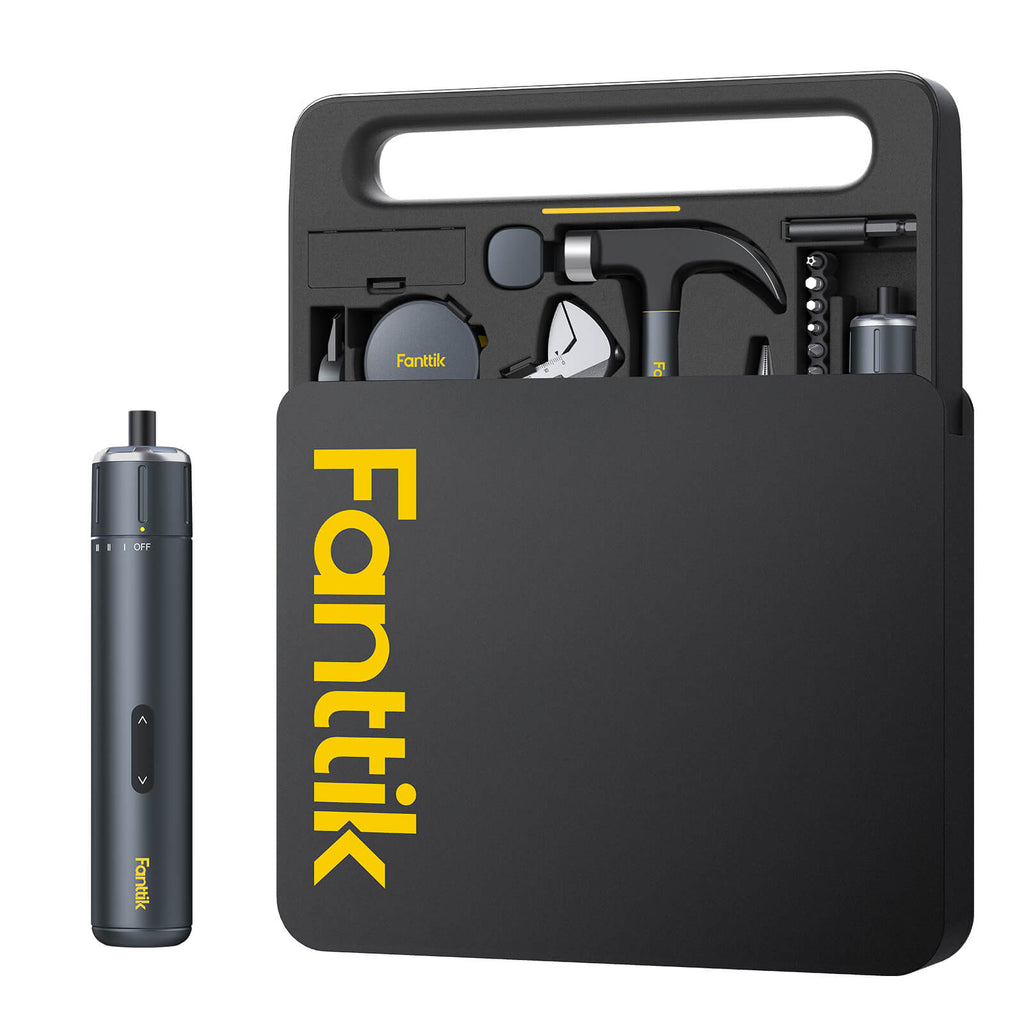 Fanttik S1 NEX Studio electric screwdriver tool kit with hammer, pliers, tape measure, and bits.