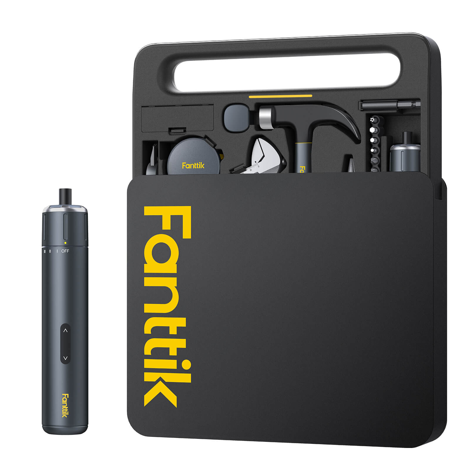 Fanttik S1 NEX Studio electric screwdriver tool kit with hammer, pliers, tape measure, and bits.