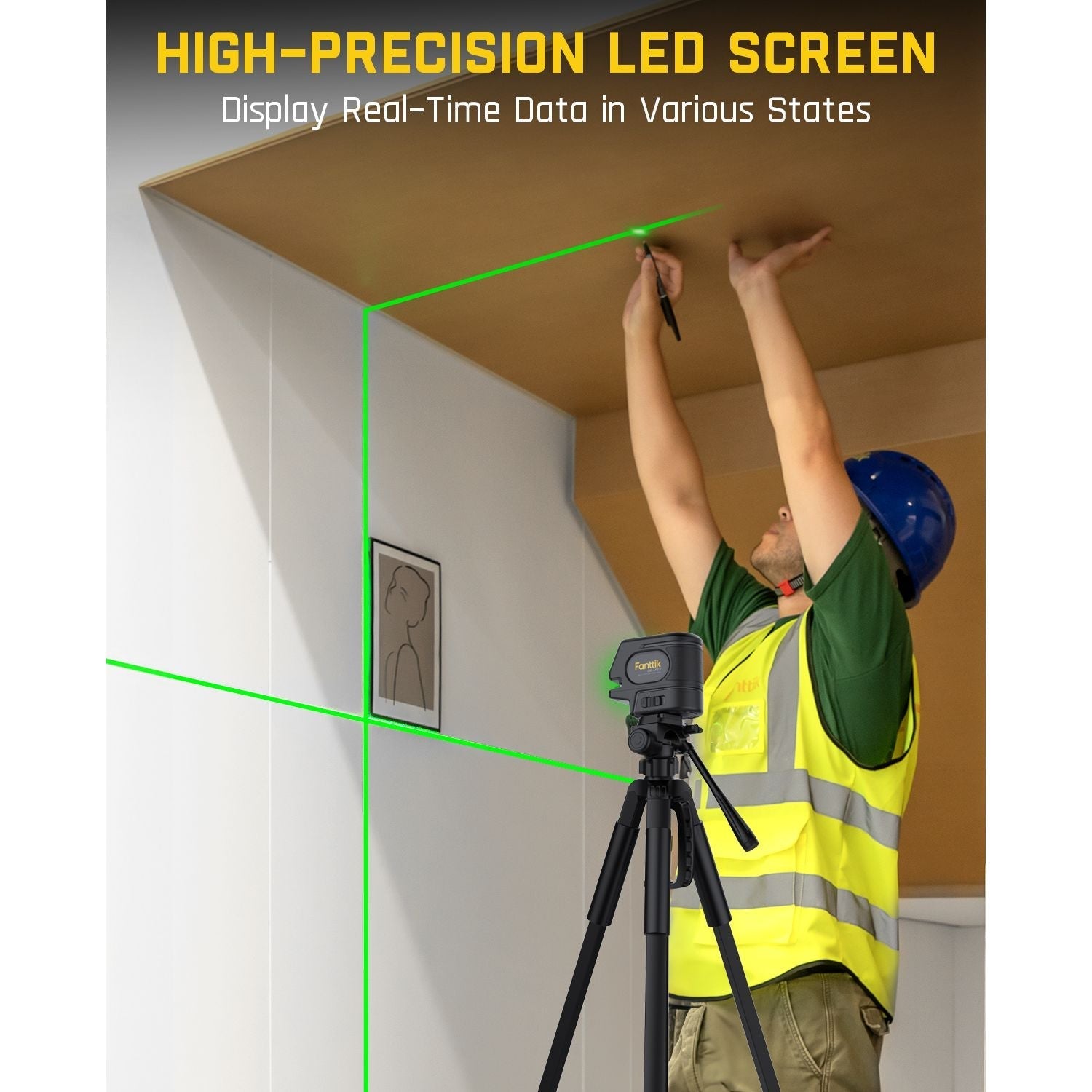 Fanttik D2 APEX laser level with high-precision LED screen projecting green lines for construction work.