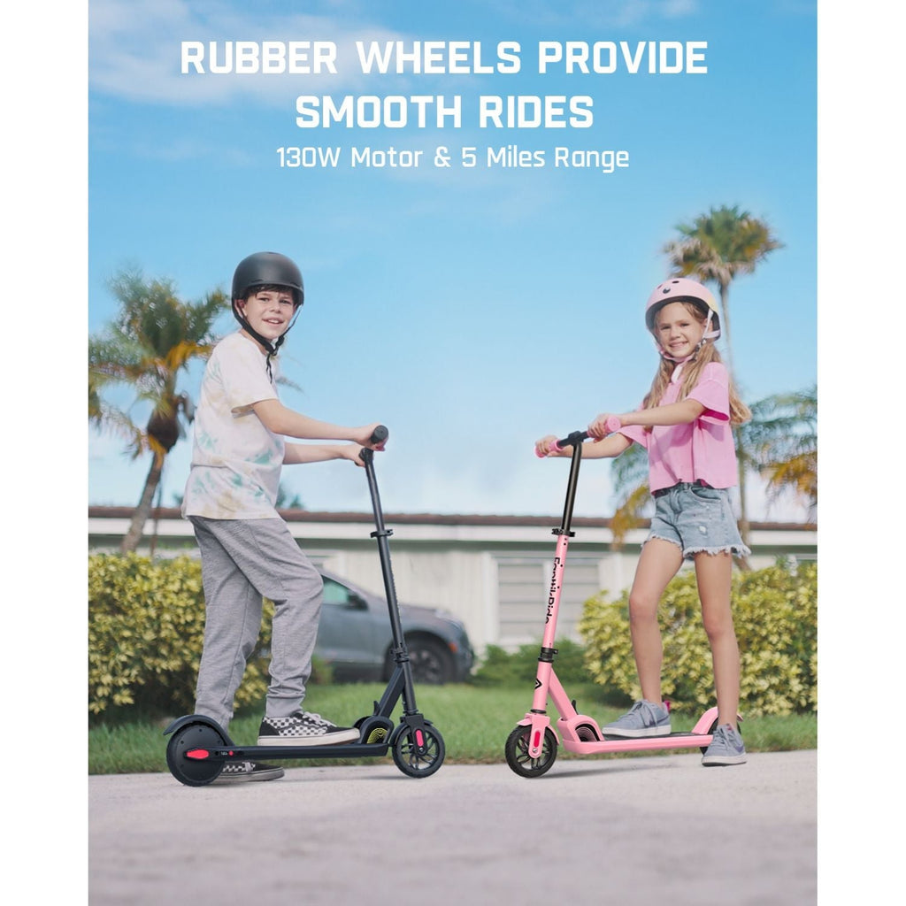 Pink and black FanttikRide C9 kids' electric scooters with rubber wheels, 130W motor, and 5-mile range.