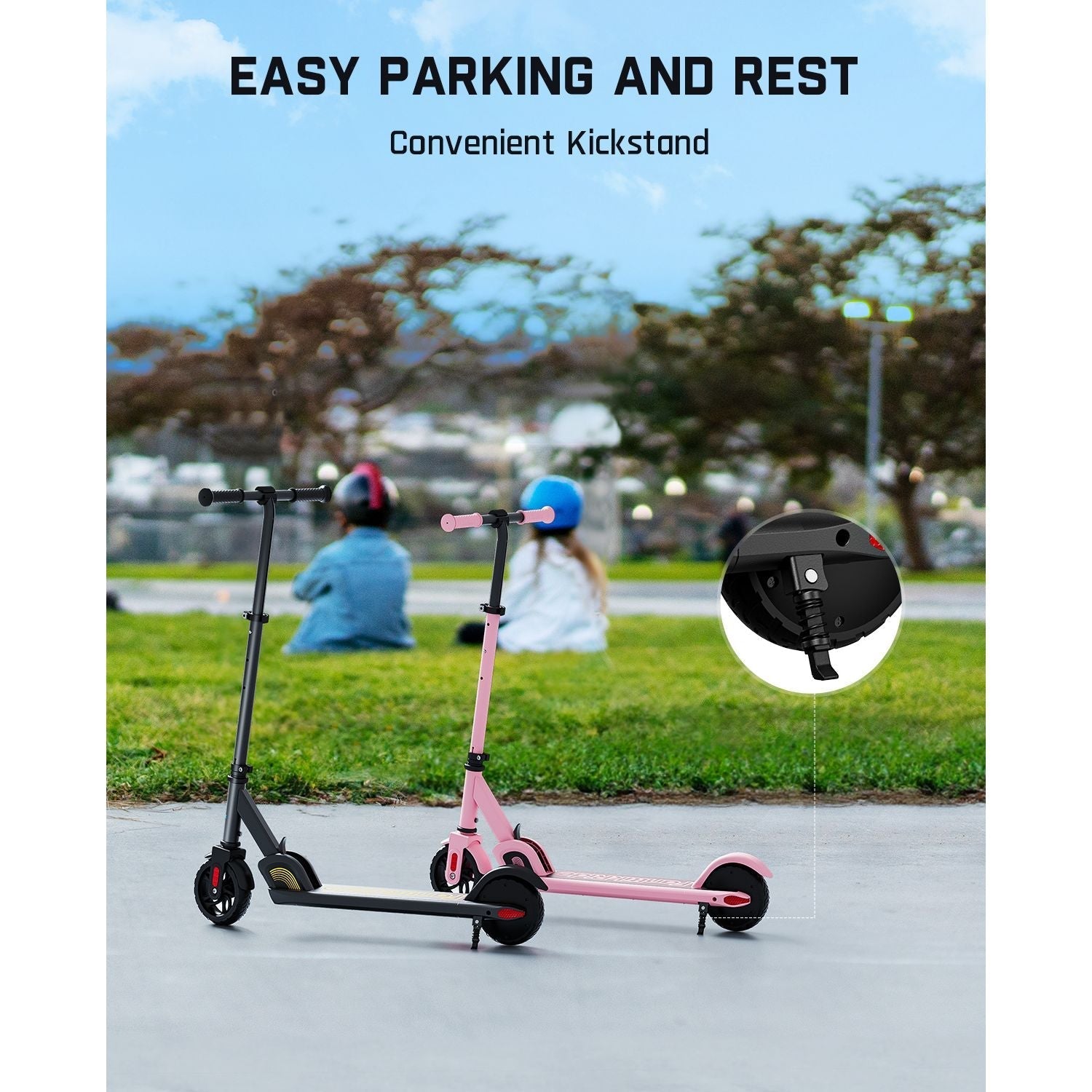 FanttikRide C9 electric scooters for kids, black and pink, showing easy parking with kickstand feature.