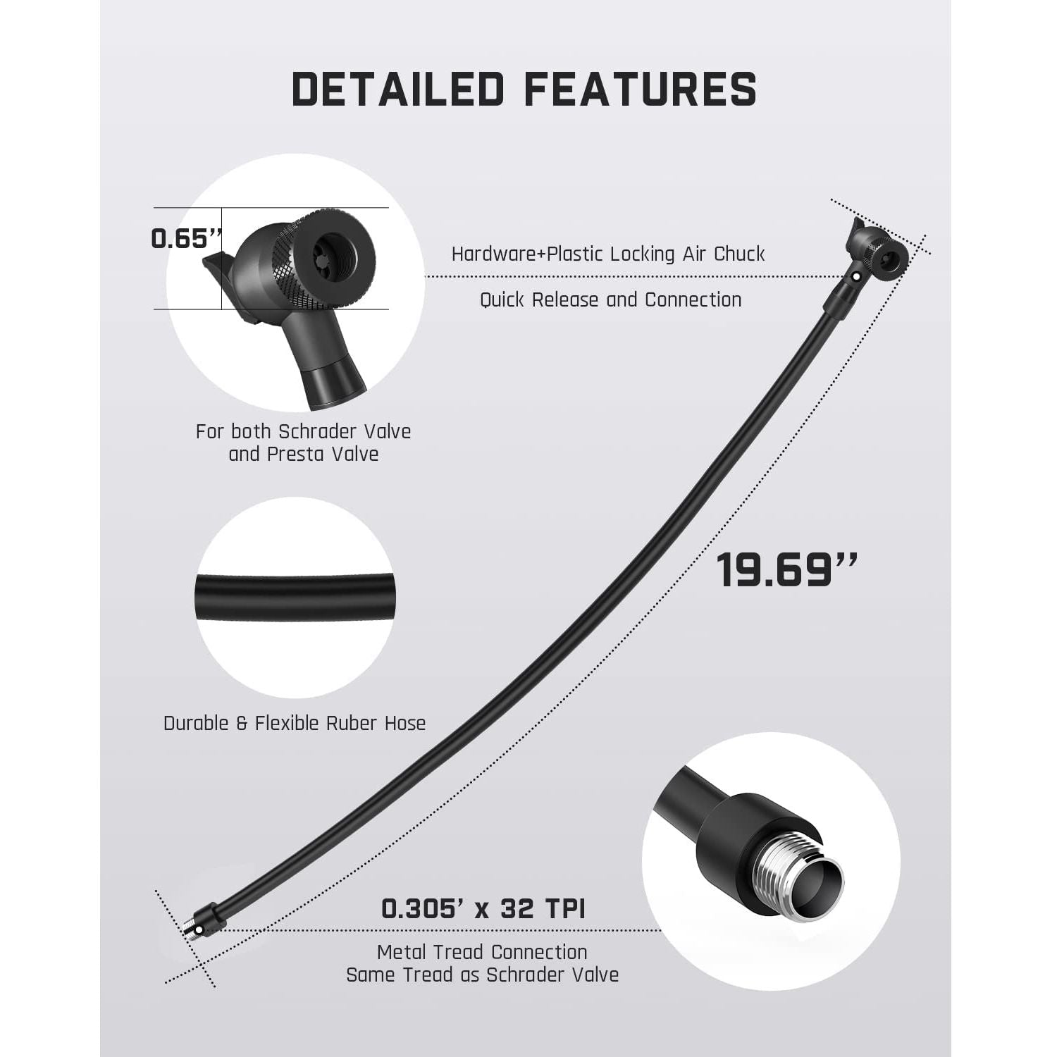 Fanttik Air Pump Extension Hose Adapter with locking chuck, durable rubber hose, and Schrader valve compatible tread.