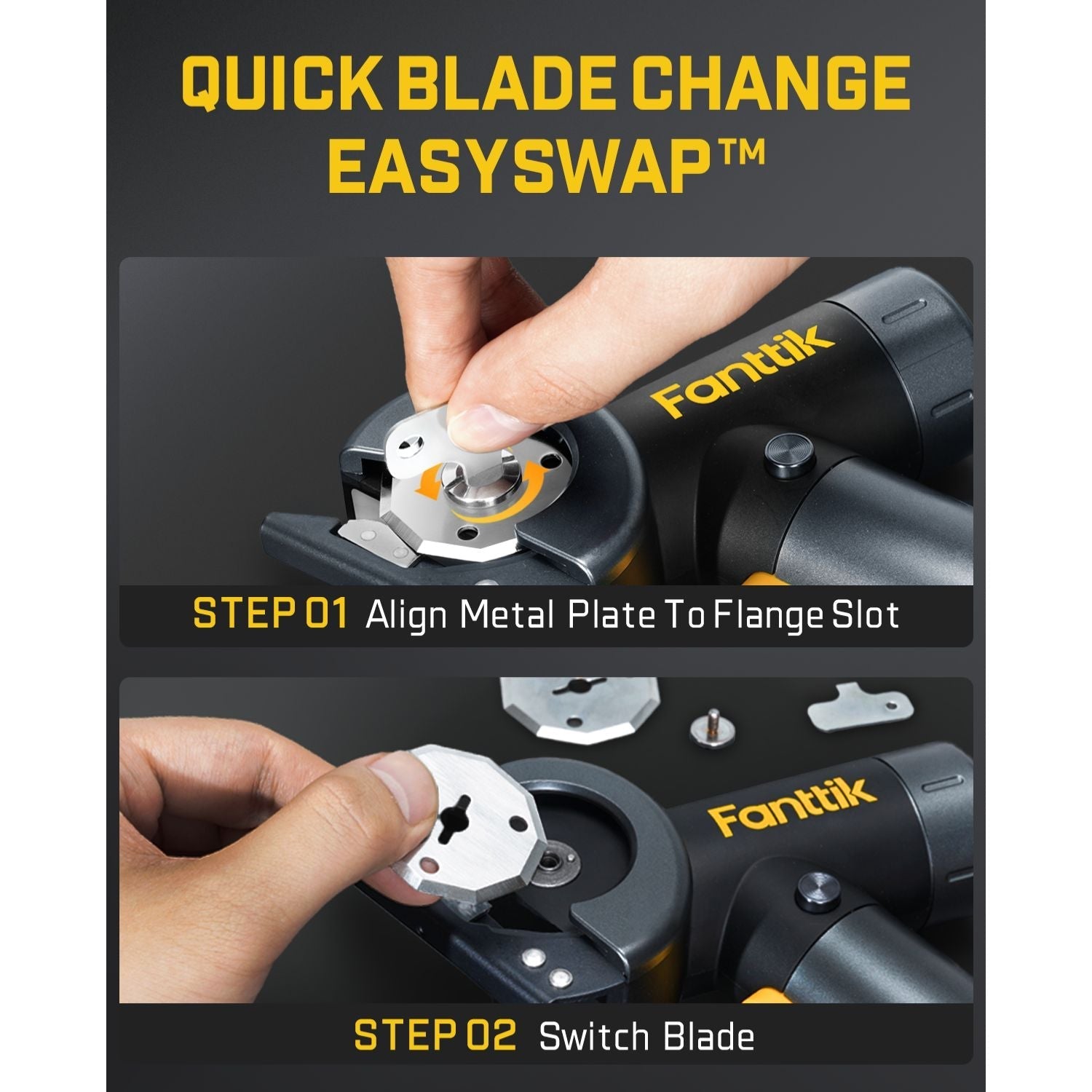 Fanttik C8 Nano Electric Scissors: Step 1 Align Metal Plate, Step 2 Switch Blade for easy replacement.