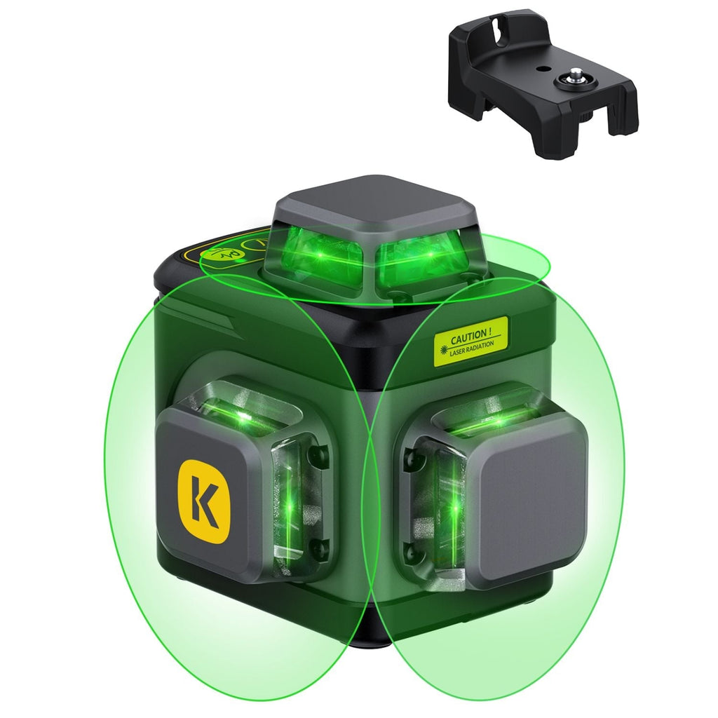 Fanttik D12 Ace green laser level with mount. Projects 360° green laser lines. Includes 'K' logo and laser radiation warning.