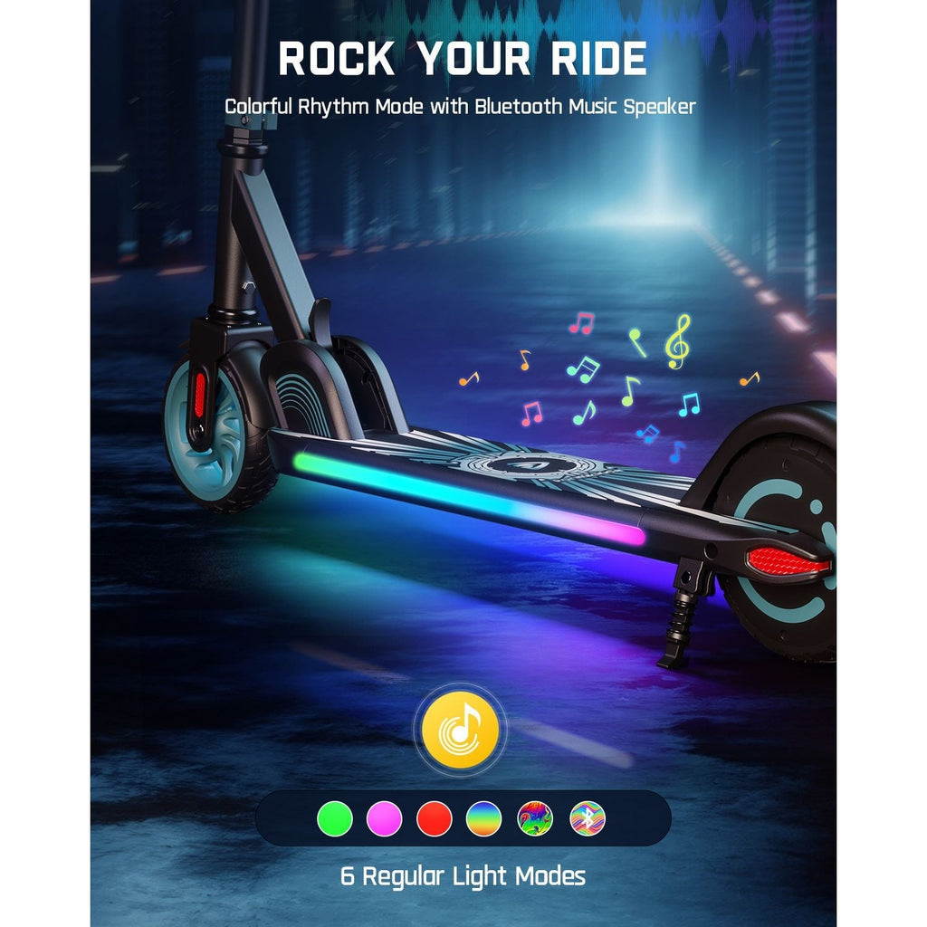 FanttikRide C9 Apex electric scooter for kids with colorful LED lights and Bluetooth speaker, showcasing music rhythm mode and 6 light modes.