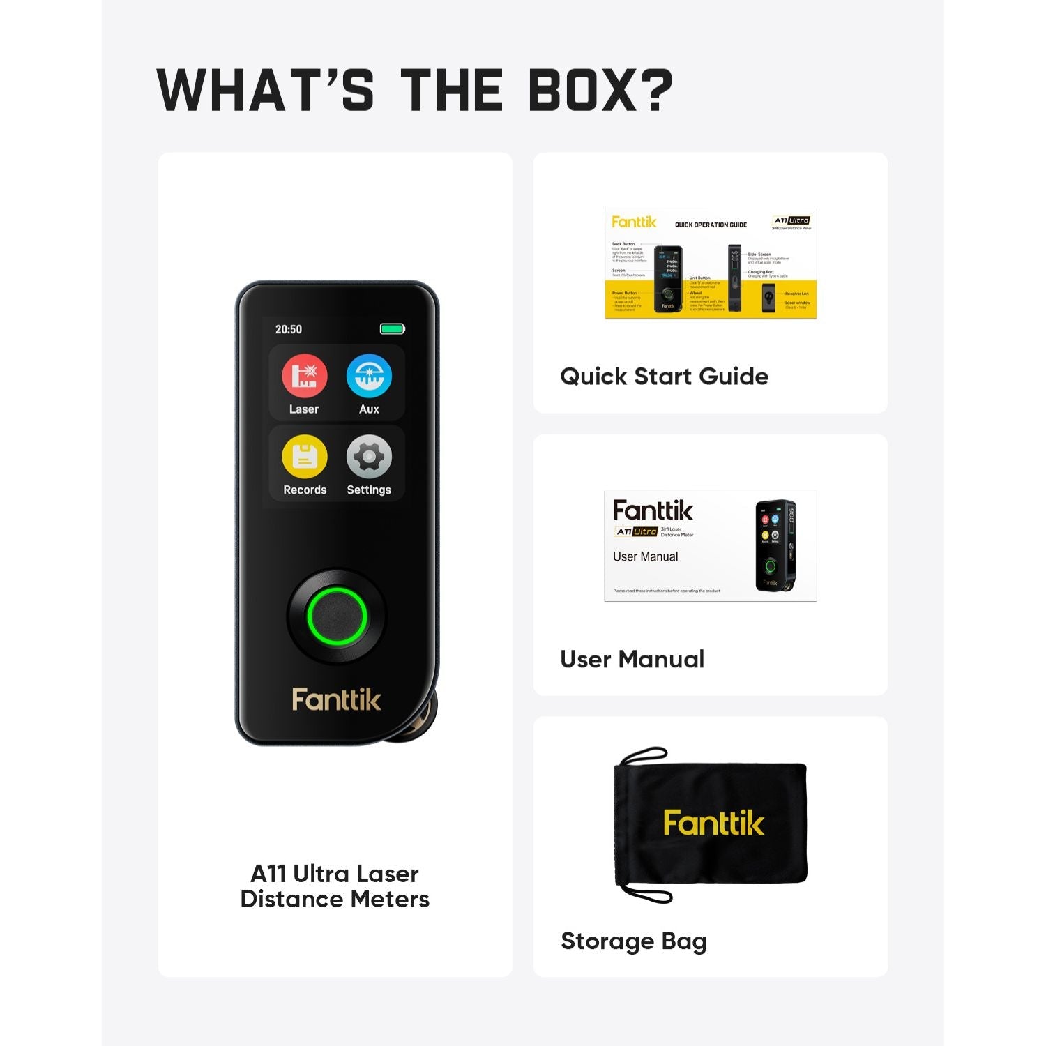 Fanttik A11 Ultra Laser Distance Meter packaging with accessories on a white background