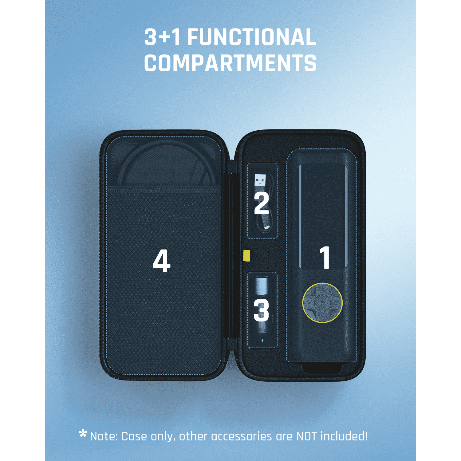 Fanttik X8 APEX tire inflator EVA case with 3+1 compartments. Protects from shocks, dust, and water. Includes handle.