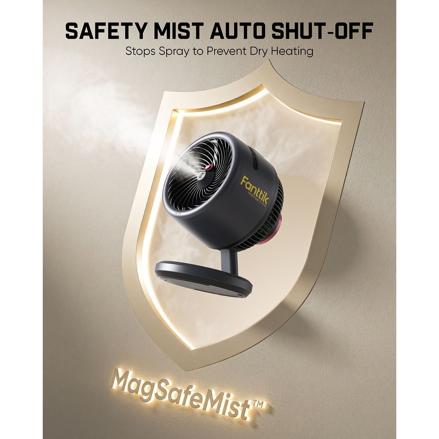 Fantik safety mist auto shut-off device on a shield-shaped background with 'MagSafeMist' branding.