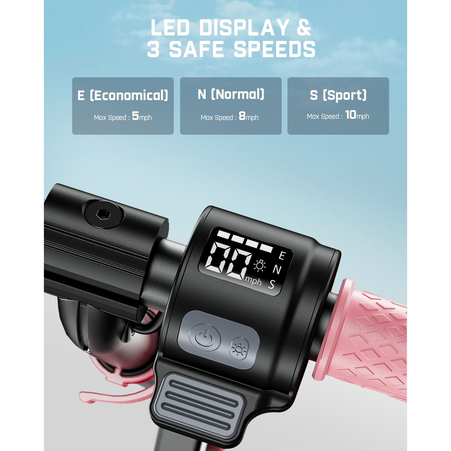 Electric scooter handlebars with LED display showing 3 speeds: Economical (5mph), Normal (8mph), Sport (10mph).