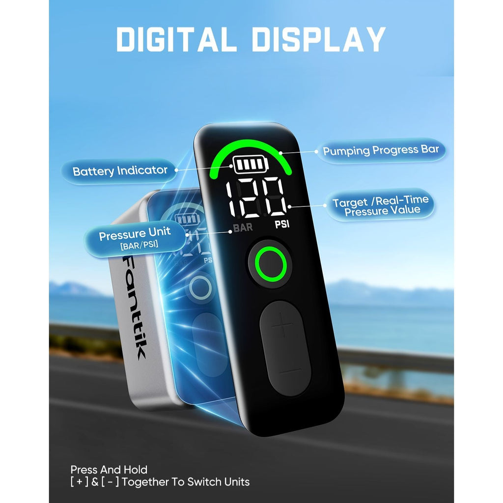Fanttik X10 Ace digital display shows battery, pressure unit, pumping progress bar, and real-time PSI value.