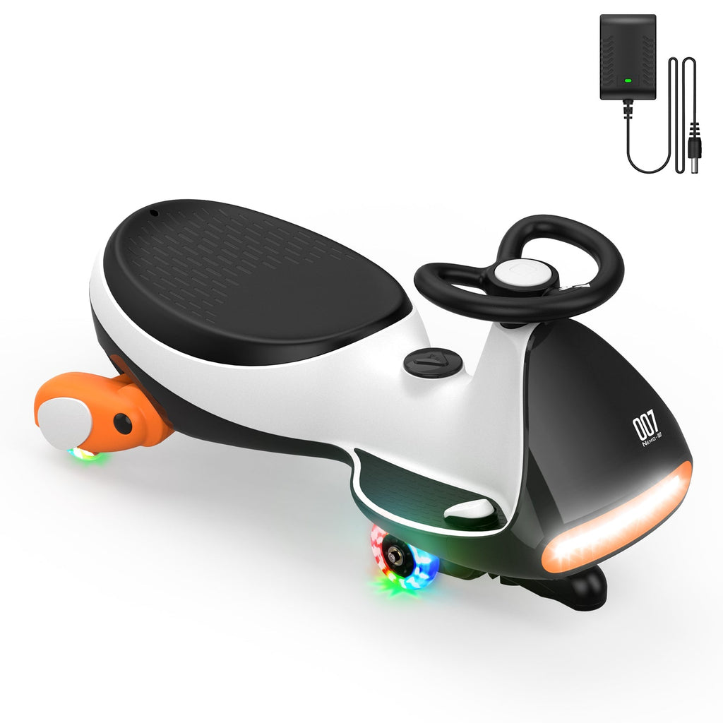 FanttikRide N7 Pro 12V electric wiggle car in black, white, and orange with flashing lights and a charger.