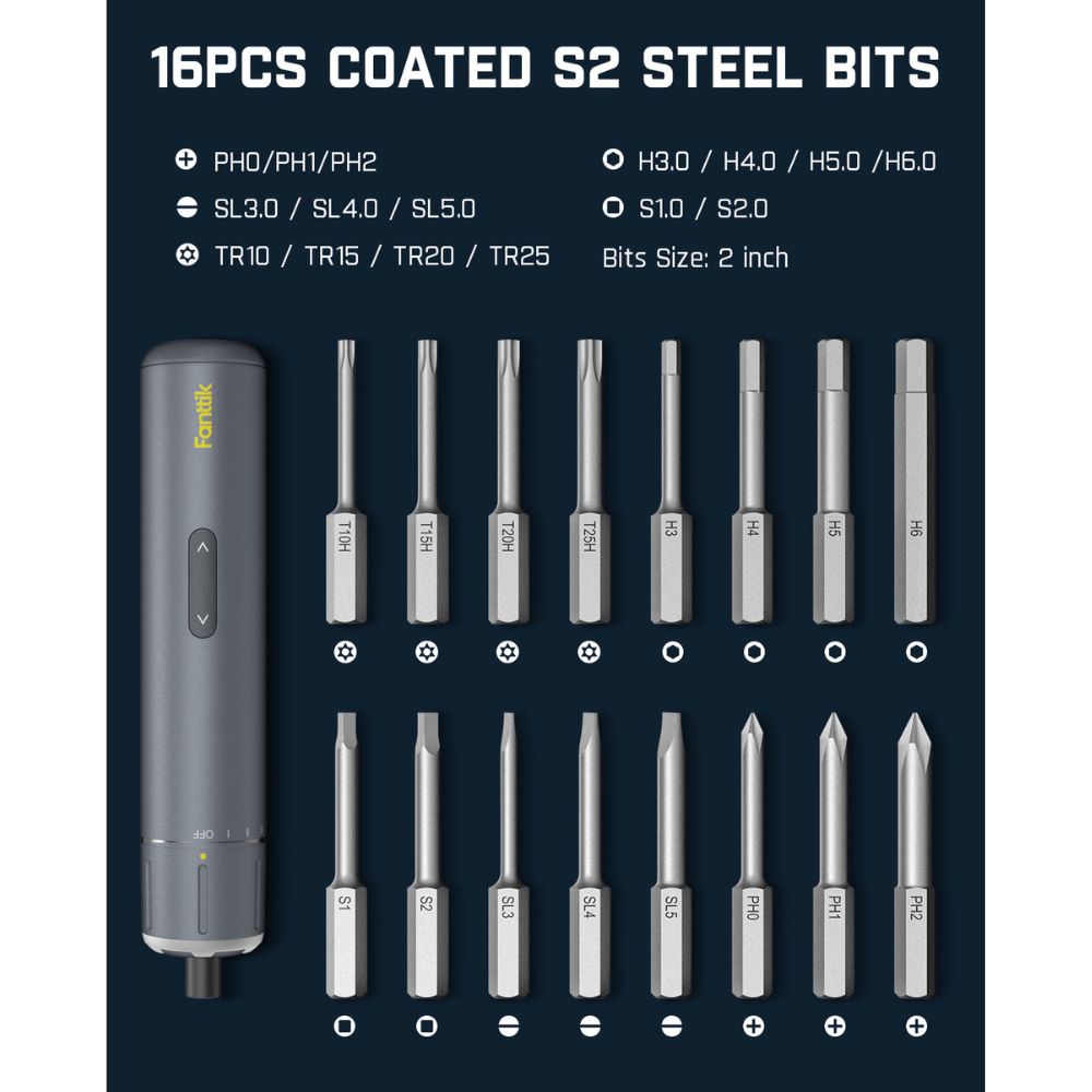 Fanttik electric screwdriver with 16 coated S2 steel bits: Phillips, slotted, Torx, Hex, Square. Bits are 2-inch.