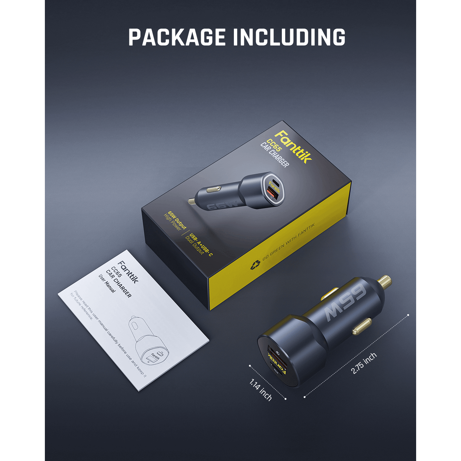 Fanttik 65W USB C car charger package with dual-port adapter, user manual, and box