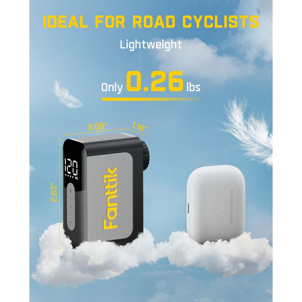 Fanttik X10 Ace mini bike pump, 0.26 lbs, lightweight for road cyclists. Features digital PSI display and charging case.