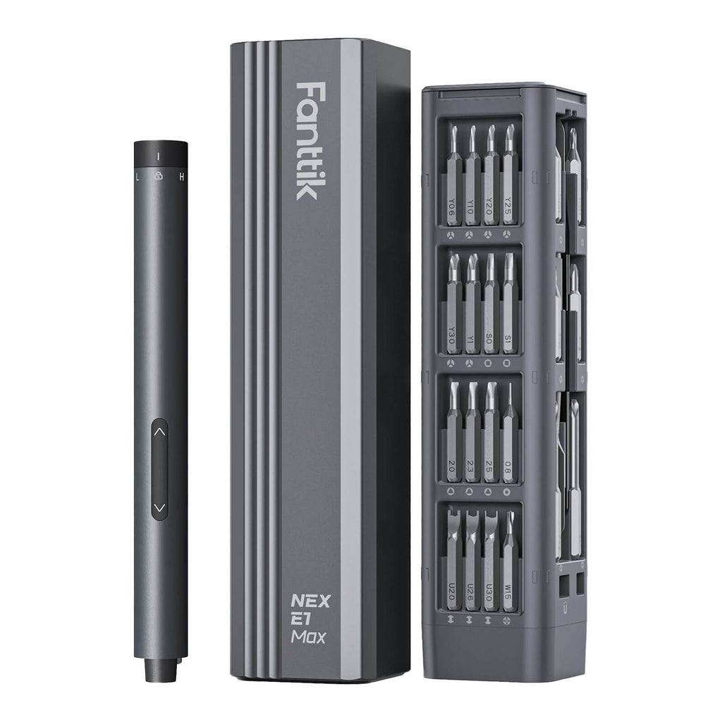 Fanttik E1 Max electric screwdriver with precision bits in a magnetic case, ideal for electronics repair.