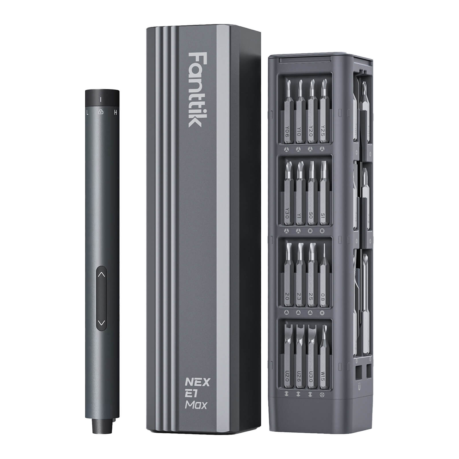 Fanttik E1 Max electric screwdriver with precision bits in a magnetic case, ideal for electronics repair.