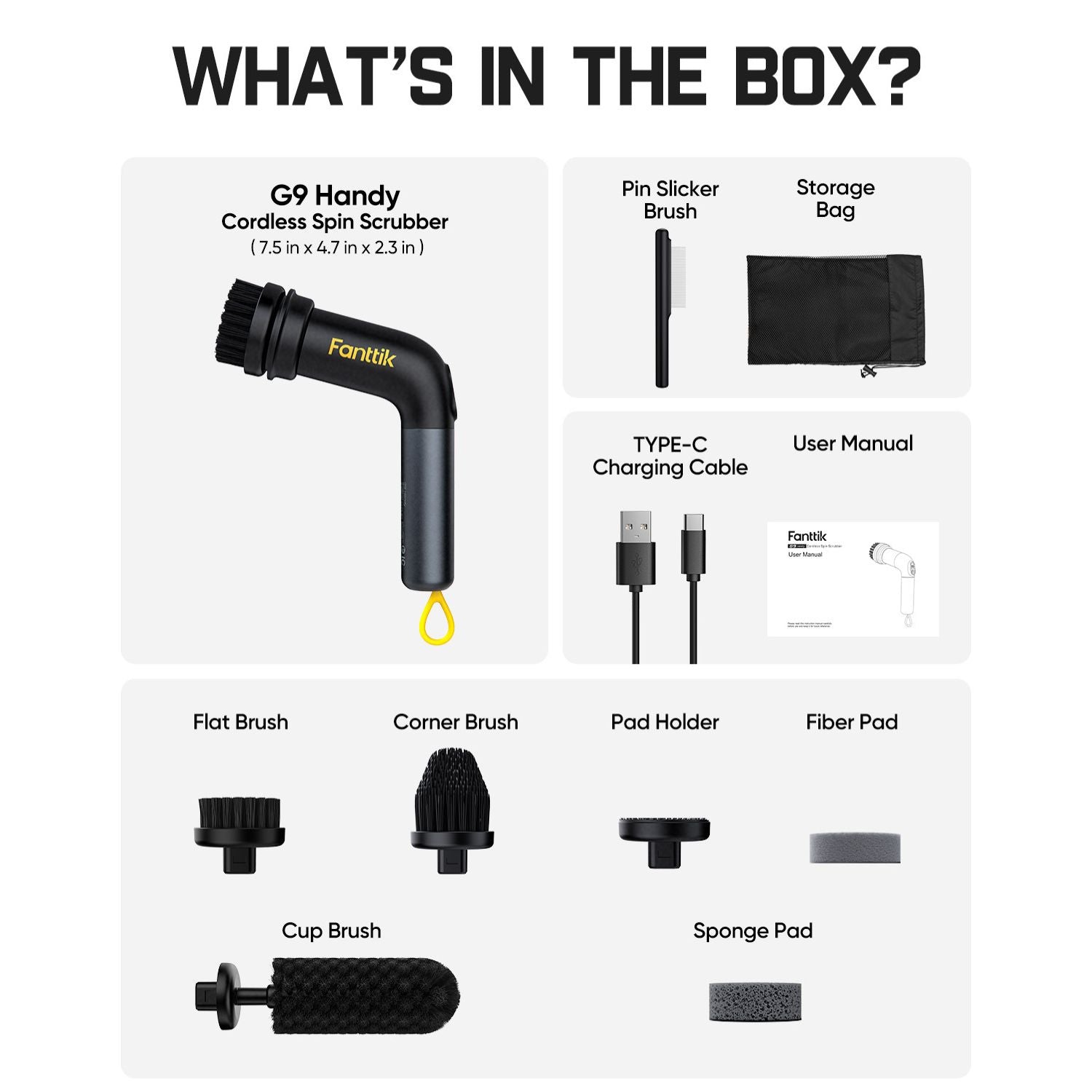 Fanttik G9 Handy electric spin scrubber with 5 brush heads, charging cable, and user manual.