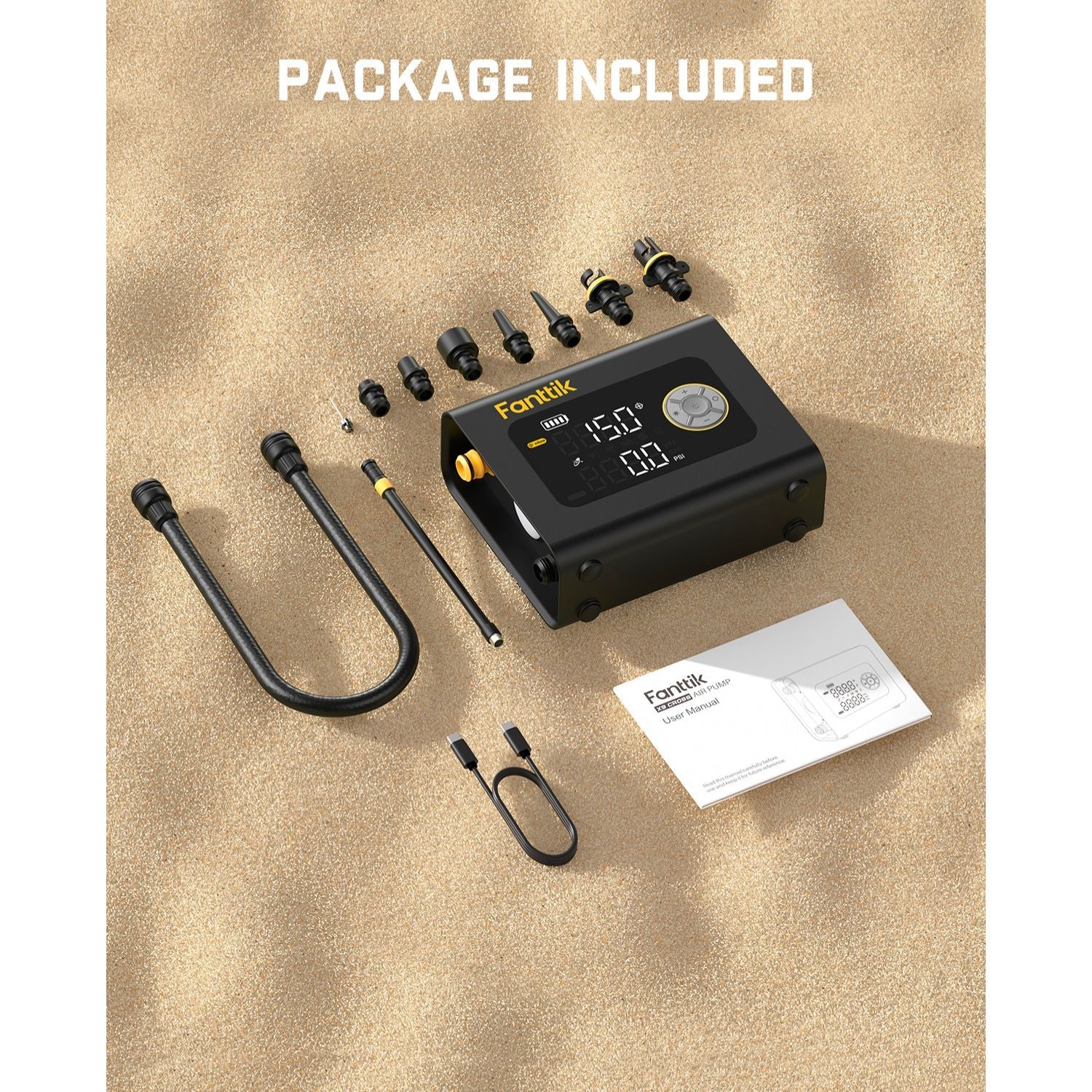 Fanttik X9 Cross paddle board air pump and accessories laid out on sand, with user manual and charging cable.
