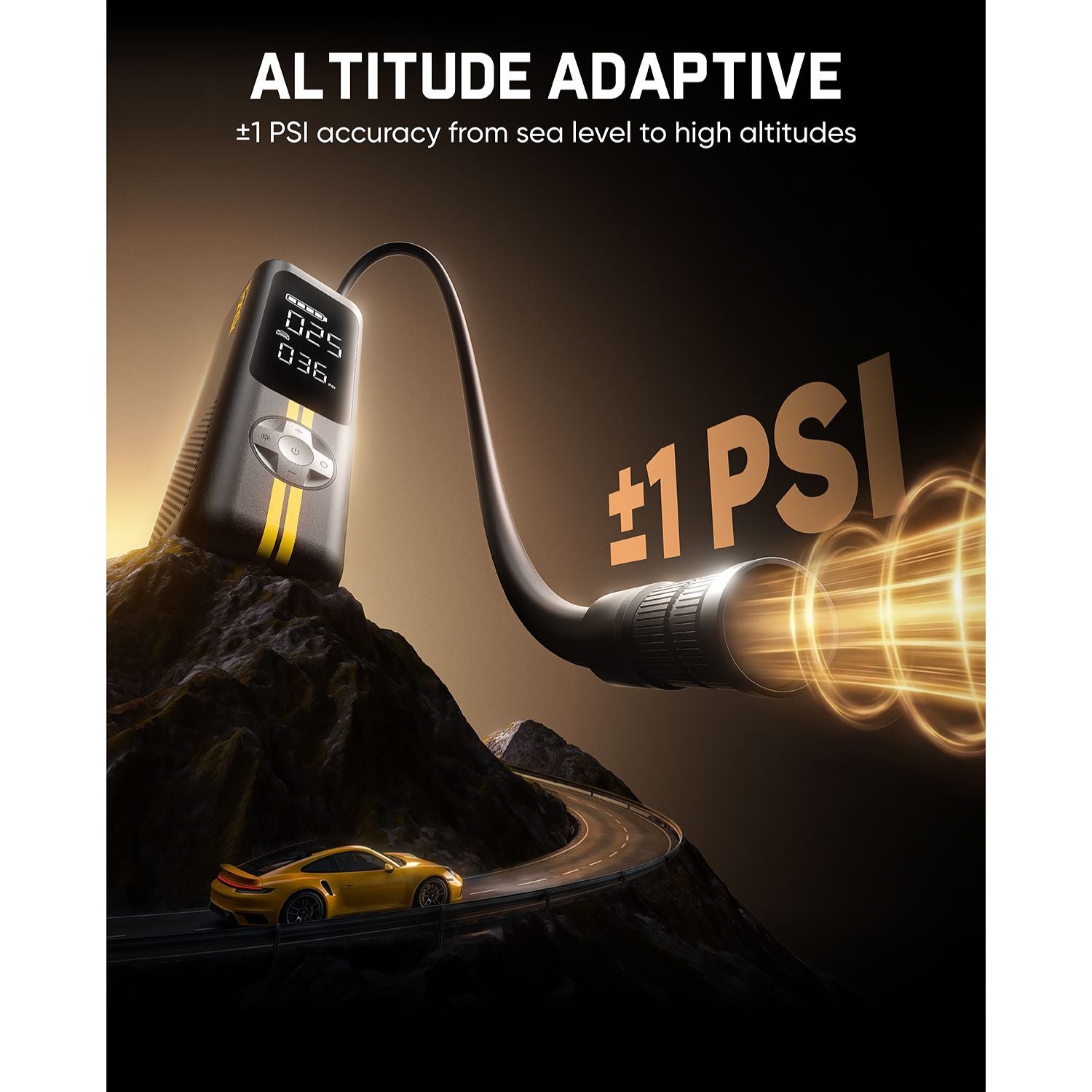 Altitude Adaptive Calibration adjusts to any elevation, delivering ±1 PSI accuracy from sea level to high altitudes. Fanttik Precision Compensation Technology and high-precision sensors ensure every inflation is calculated with precision